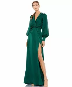 Ieena For Mac Duggal Bishop Sleeve Faux Wrap Gown