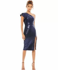 Ieena For Mac Duggal One Shoulder Ruffled Sequined Midi Dress Shop For