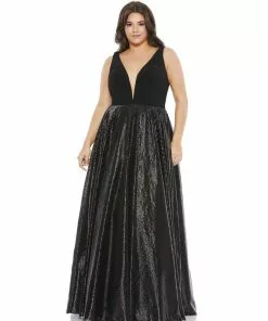 Mac Duggal Plus Size Plunging Black Ball Gown (Plus)