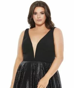 Mac Duggal Plus Size Plunging Black Ball Gown (Plus)