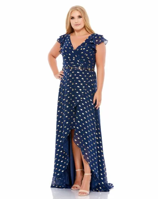 Mac Duggal Polka Dot Faux Wrap Ruffled Cap Sleeve Gown (Plus) Plus Size