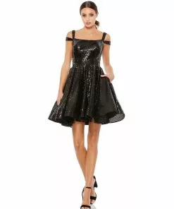 Ieena For Mac Duggal Sequined Cut Out Shoulder Skater Dress