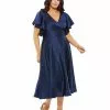 Mac Duggal Short Dresses Faux Wrap Butterfly Sleeve Flowy Midi Dress (Plus)