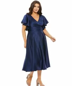 Mac Duggal Short Dresses Faux Wrap Butterfly Sleeve Flowy Midi Dress (Plus)