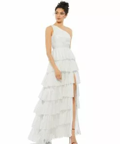 Mac Duggal One Shoulder Ruffle Tiered Gown