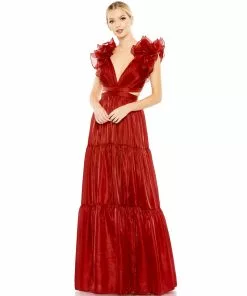 Mac Duggal Shop For Ruffled Shoulder Cut Out Soft Tie Back Tiered Gown