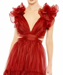 Mac Duggal Shop For Ruffled Shoulder Cut Out Soft Tie Back Tiered Gown