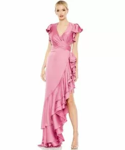 Ieena For Mac Duggal Shop For Flutter Sleeve Cut Out Asymmetrical Ruffled Gown