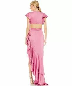 Ieena For Mac Duggal Shop For Flutter Sleeve Cut Out Asymmetrical Ruffled Gown