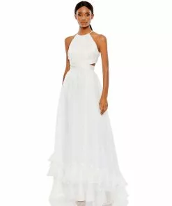 Mac Duggal Pleated Criss Cross Cut-Out Halter Neck Gown Shop For