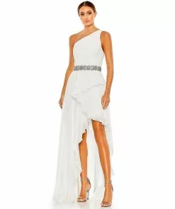 Mac Duggal Pleated One Shoulder Asymmetrical Ruffle Hem Gown Shop For