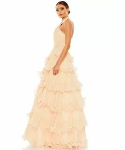 Mac Duggal Shop For Pleated Ruffle Tiered Cross Halter Neck Ballgown