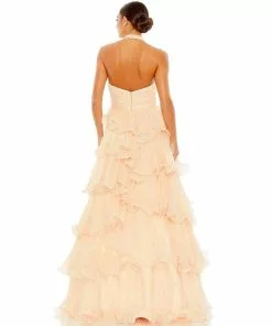 Mac Duggal Shop For Pleated Ruffle Tiered Cross Halter Neck Ballgown
