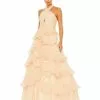 Mac Duggal Shop For Pleated Ruffle Tiered Cross Halter Neck Ballgown