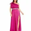 Mac Duggal Bow One Shoulder Faux Wrap Gown (Plus) Shop For