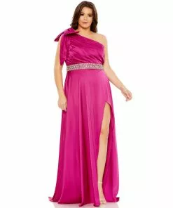 Mac Duggal Bow One Shoulder Faux Wrap Gown (Plus) Shop For