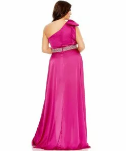 Mac Duggal Bow One Shoulder Faux Wrap Gown (Plus) Shop For