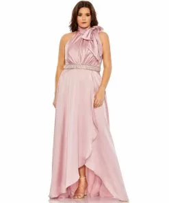 Mac Duggal High Neck Soft Tie Beaded Belt Gown (Plus)