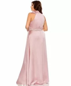 Mac Duggal High Neck Soft Tie Beaded Belt Gown (Plus)