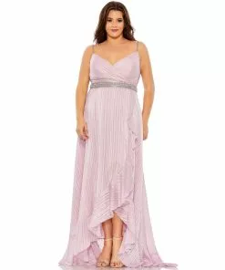 Mac Duggal Rhinestone Belt Faux Wrap Ruffle Tulip Hem Gown (Plus)