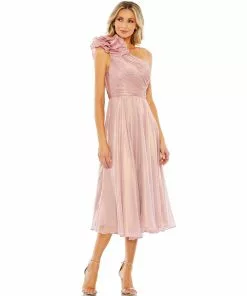 Mac Duggal New Arrivals Rosette One Shoulder Tea Length Dress