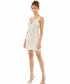 Mac Duggal Beaded Fringe Sequined Mini Dress