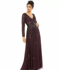 Mac Duggal Sequined Long Sleeve Plunging V-Neck Gown Shop For