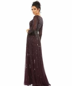 Mac Duggal Sequined Long Sleeve Plunging V-Neck Gown Shop For