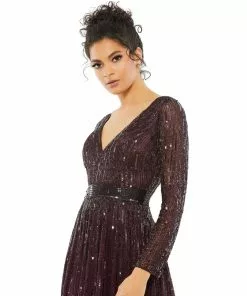 Mac Duggal Sequined Long Sleeve Plunging V-Neck Gown Shop For