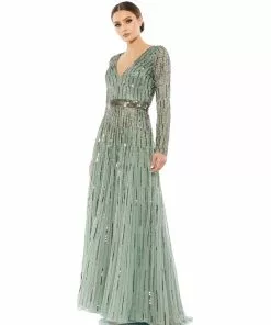 Mac Duggal Sequined Long Sleeve Plunging V-Neck Gown Shop For