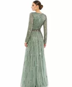 Mac Duggal Sequined Long Sleeve Plunging V-Neck Gown Shop For