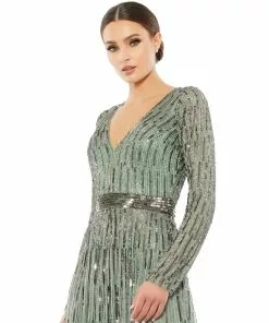 Mac Duggal Sequined Long Sleeve Plunging V-Neck Gown Shop For