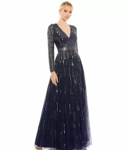 Mac Duggal Sequined Long Sleeve Plunging V-Neck Gown Shop For