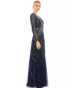 Mac Duggal Sequined Long Sleeve Plunging V-Neck Gown Shop For