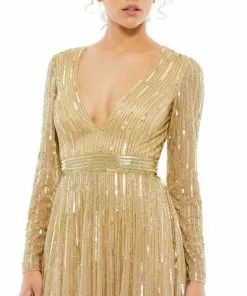 Mac Duggal Sequined Long Sleeve Plunging V-Neck Gown Shop For