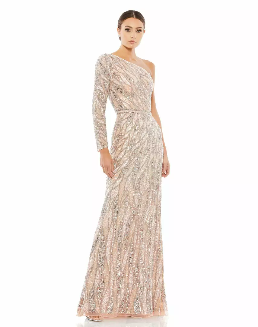 Mac Duggal Embellished One Sleeve Gown W/ Sequin Belt 1 Mac Duggal Embellished One Sleeve Gown W/ Sequin Belt