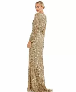 Mac Duggal Shop For Embellished Front Slit Long Sleeve Gown