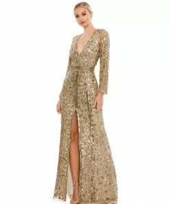 Mac Duggal Shop For Embellished Front Slit Long Sleeve Gown