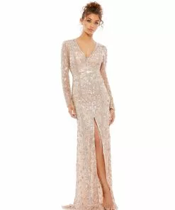 Mac Duggal Shop For Embellished Front Slit Long Sleeve Gown