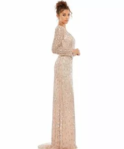 Mac Duggal Shop For Embellished Front Slit Long Sleeve Gown