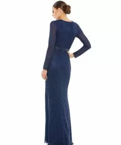 Mac Duggal Lattice Beaded Long Sleeve Evening Gown