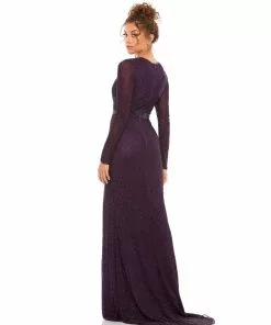Mac Duggal Lattice Beaded Long Sleeve Evening Gown