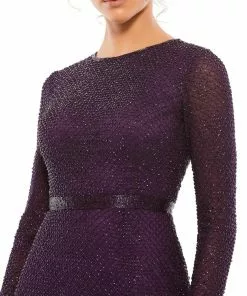 Mac Duggal Lattice Beaded Long Sleeve Evening Gown