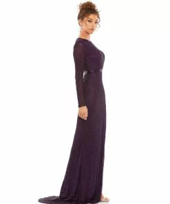 Mac Duggal Lattice Beaded Long Sleeve Evening Gown