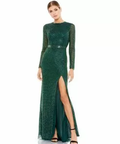 Mac Duggal Lattice Beaded Long Sleeve Evening Gown