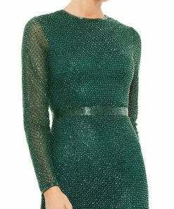 Mac Duggal Lattice Beaded Long Sleeve Evening Gown