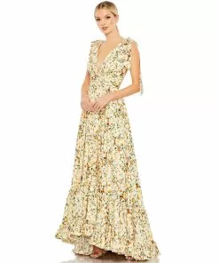 Mac Duggal Floral Print Soft Tie Sleeveless Tiered Gown Shop For
