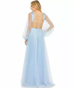 Mac Duggal Shop For Tulle Puff Sleeve Cut Out Lace Up A Line Gown
