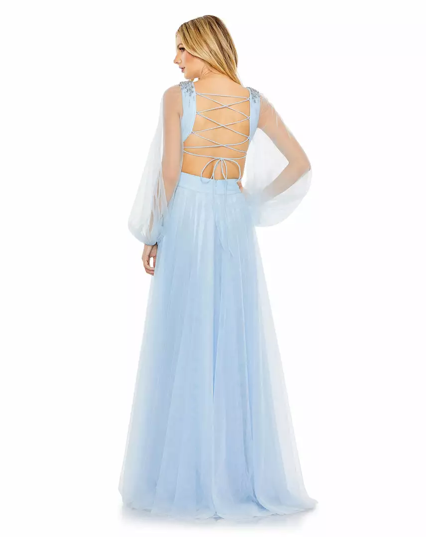 Mac Duggal Shop For Tulle Puff Sleeve Cut Out Lace Up A Line Gown 2 Mac Duggal Shop For Tulle Puff Sleeve Cut Out Lace Up A Line Gown