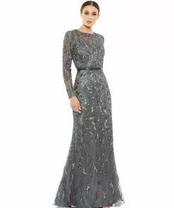 Mac Duggal Beaded Long Sleeve Evening Gown